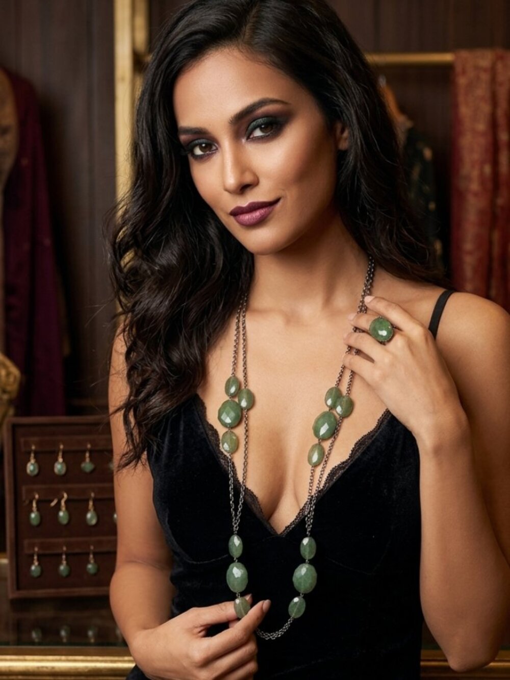Green Faceted Stone Double Layer Station Chain Necklace - Picture 3 of 5